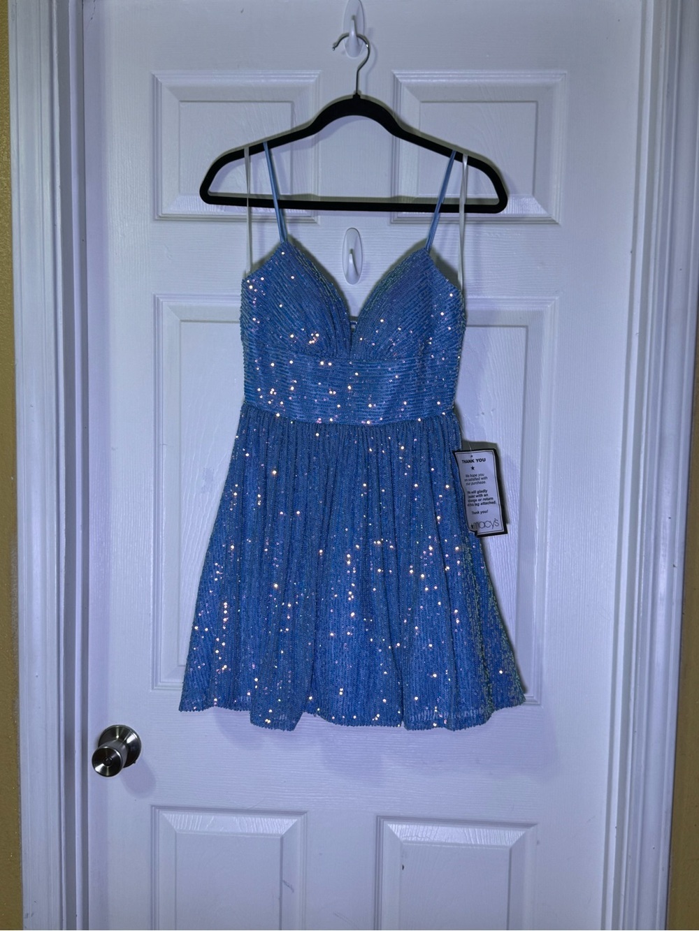 B Darlin Sky Blue Sequin Spaghetti Strap Party Dress - Picture 4 of 11